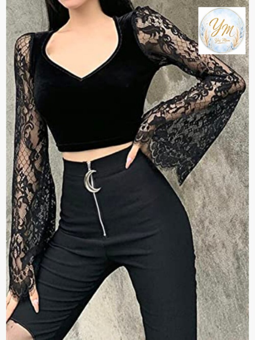 Gothic Crop Top with Velvet and Lace Long Sleeve V-Neck Top - Picture 4 of 7